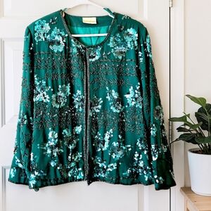 Vintage Beaded Silk Opera Jacket Forest Green Sequined Whimsigoth   Party  PXL